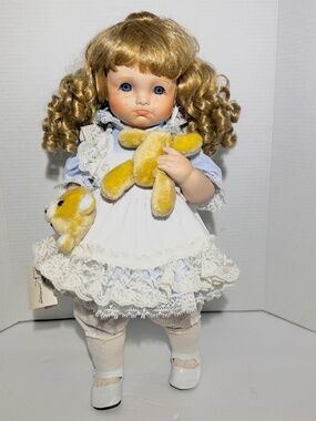 Vintage MJC Alexander Studios Tuffy Porcelain Doll & Teddy Bear Marked With Tags